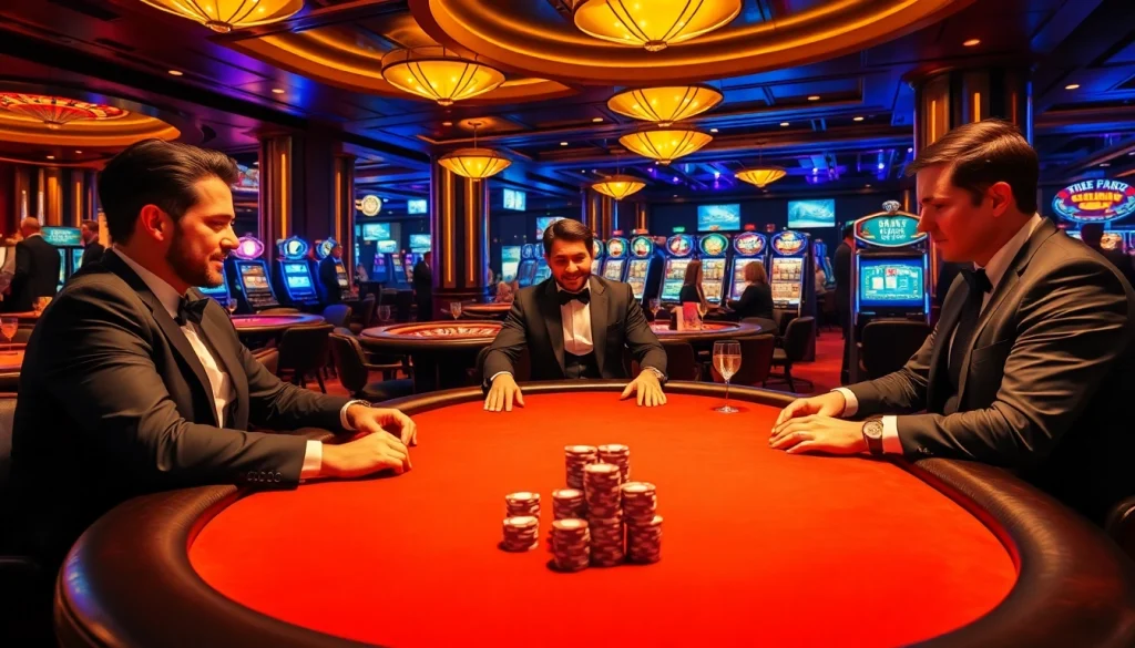Players strategizing at a poker table in a luxurious casino en ligne fiable atmosphere.