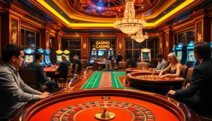 Players enjoying games at a casino en ligne fiable, showcasing poker chips and roulette wheels in a vibrant atmosphere.