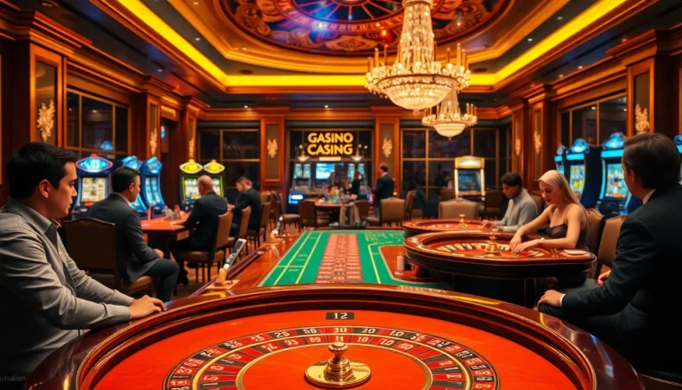 Players enjoying games at a casino en ligne fiable, showcasing poker chips and roulette wheels in a vibrant atmosphere.
