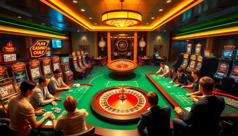 Exciting gaming atmosphere featuring casino en ligne fiable with players at tables and slots.